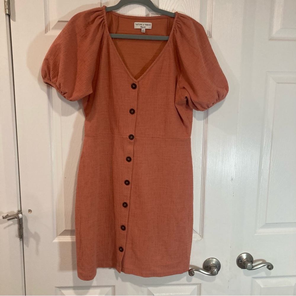 Madewell Texture & Thread rust puff sleeve button front mini dress size M